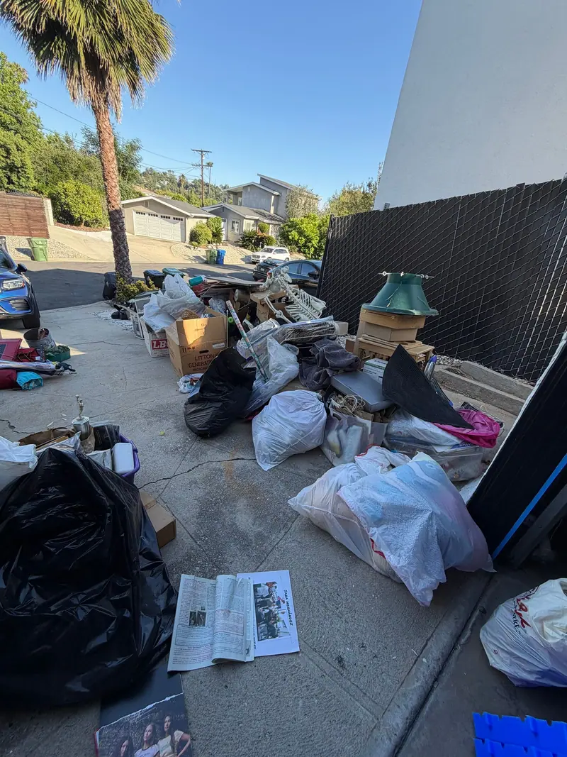 Bags and boxes set out down a driveway from a house being cleared