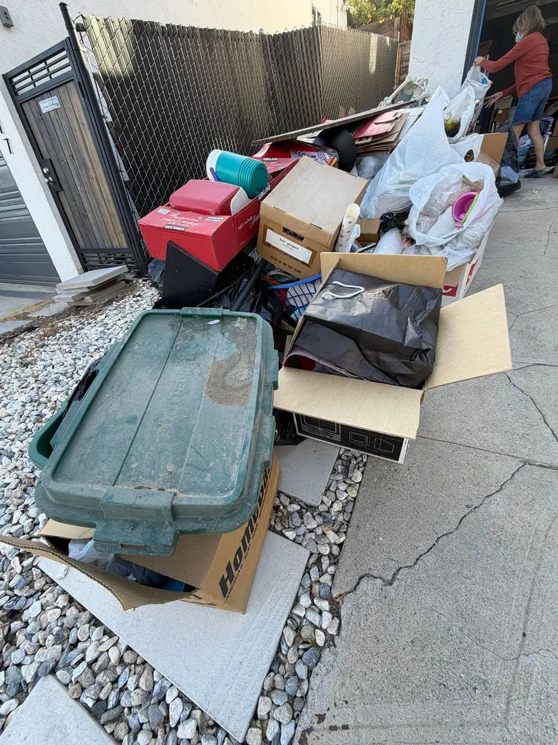A driveway lined with boxes, bins and bagged items sorted out of a garage