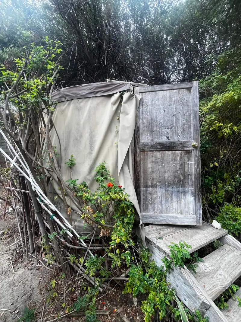 The weathered door of the same yurt, vines growing over the frame and the steps